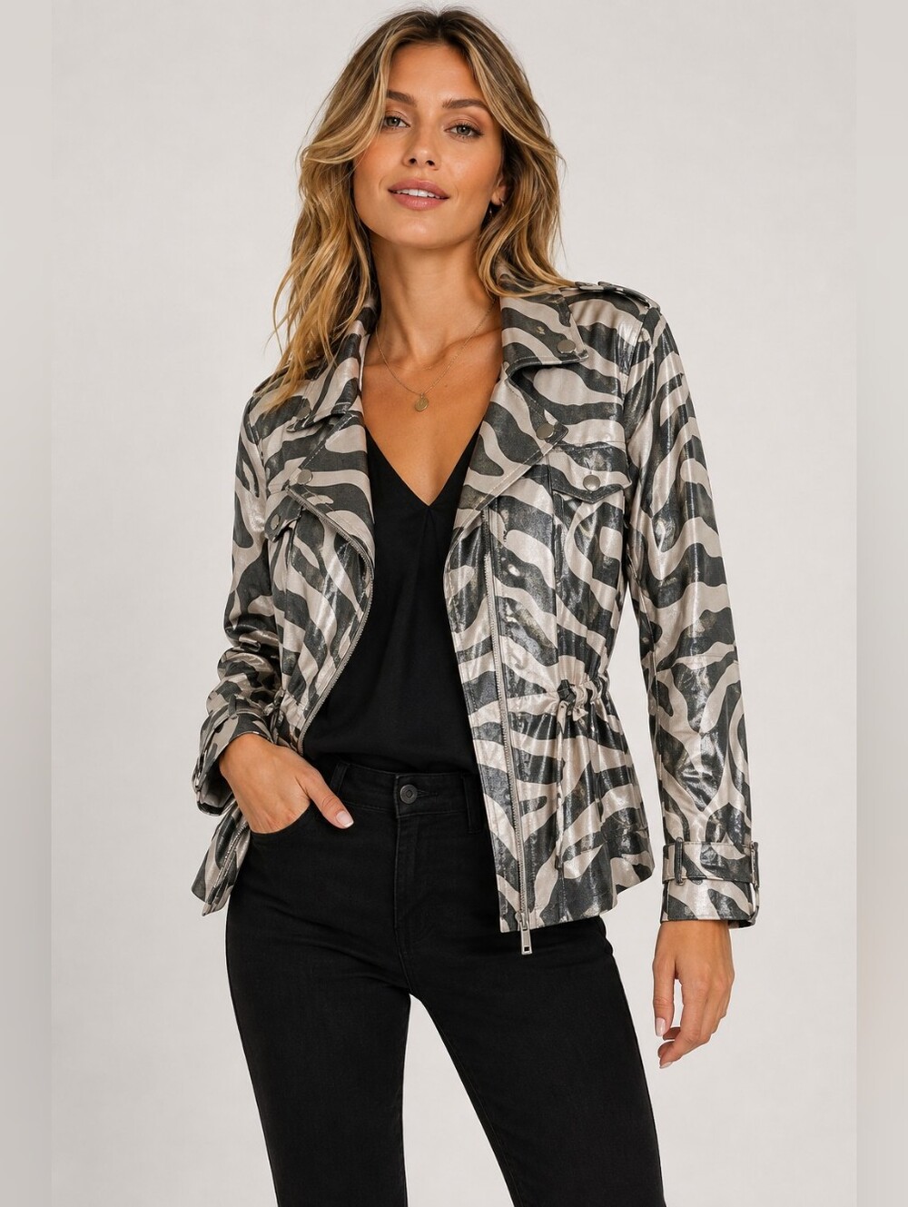 Berek Metallic Zebra Print Utility Moto Jacket Size Small Silver Black